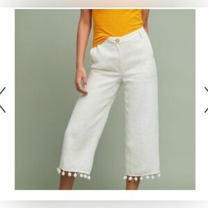Ett:twa By Anthropologie Women’s Linen Crop Pants Size S White Tassel Wide Leg